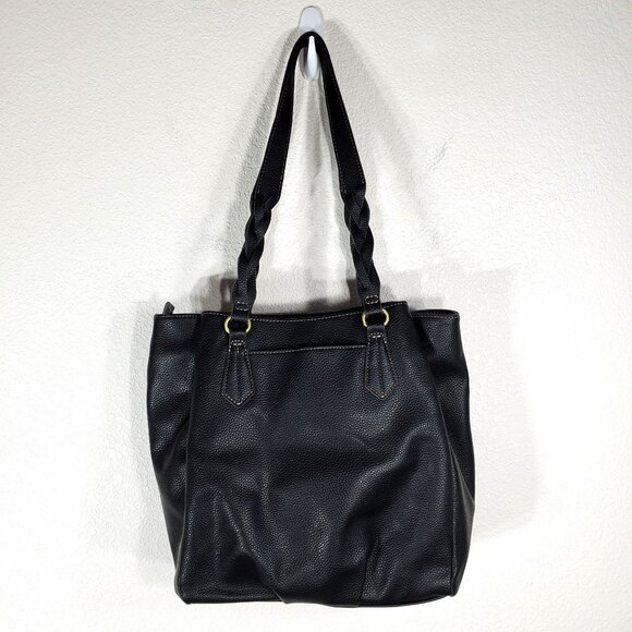 St. Johns Bay Black Faux Leather Tote Bag With Braided Handles & Tassel Accent - Picture 8 of 13